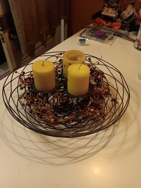Pillar Candle Centerpiece with Wire Bowl , Acceseries Not Included